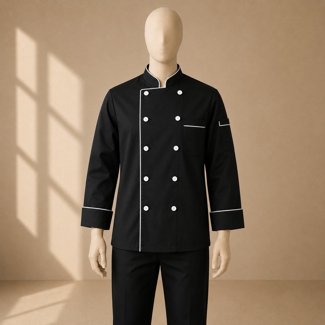 Chef Jacket, Black, White Piping & Buttons