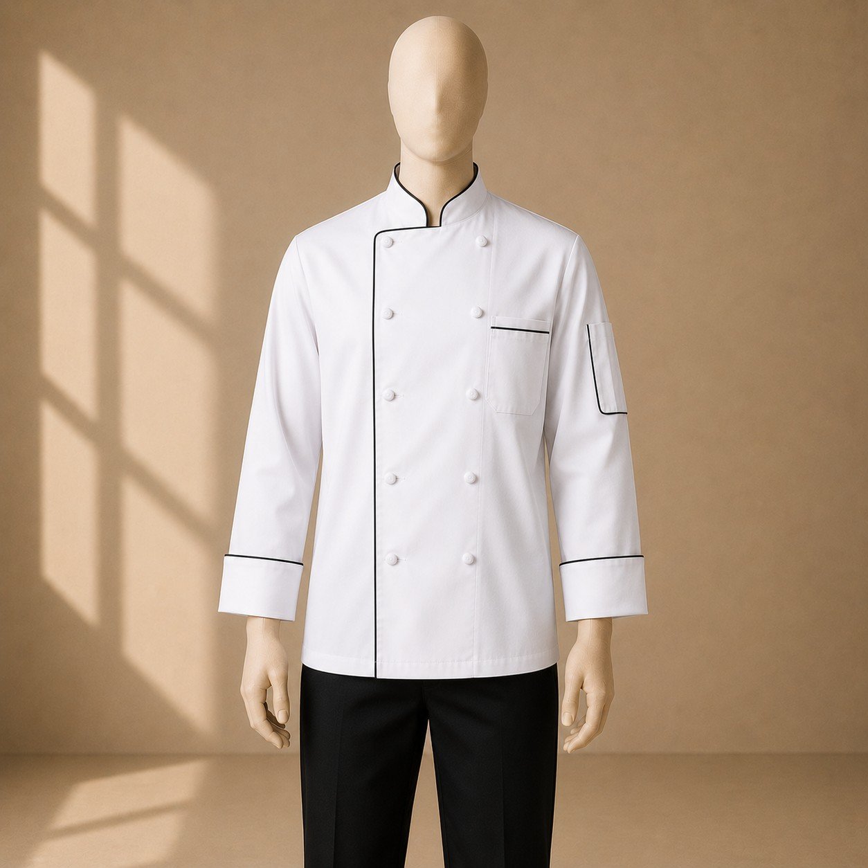 White Chef Coat, Black Piping